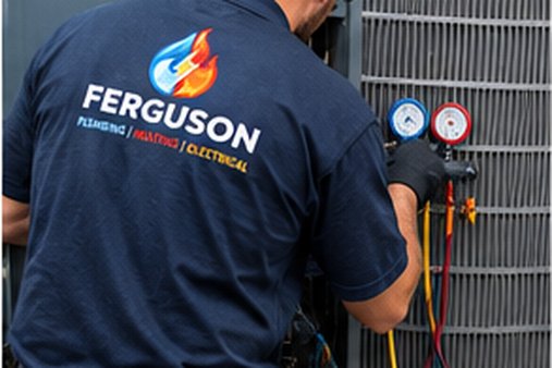 Ferguson technician servicing an outdoor air conditioning unit