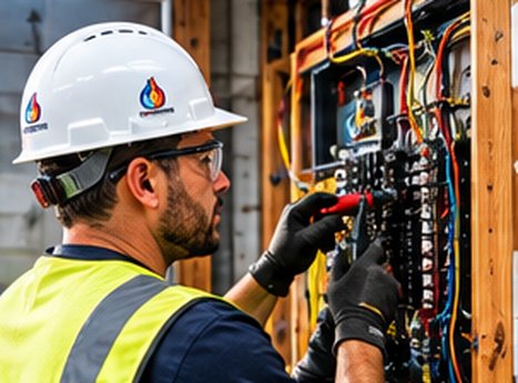 Electrician inspecting a home's electrical panel