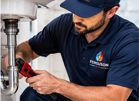 Ferguson plumber repairing pipes under a kitchen sink